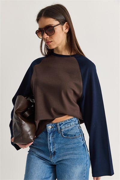 Kadın Pamuklu Regular Reglan Kol Renk Bloklu Uzun Kollu T-Shirt ÖS261006 60286587 - Kahve-Lacivert