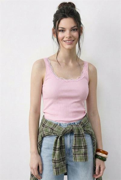 Kadın Pamuklu Slim Fit U Yaka Dantelli Atlet 1053 60286022 - Şeker Pembe