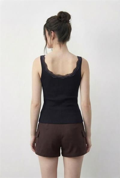 Kadın Pamuklu Slim Fit U Yaka Dantelli Atlet 1053 60286022 - Siyah