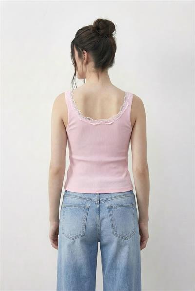 Kadın Pamuklu Slim Fit U Yaka Dantelli Atlet 1053 60286022 - Şeker Pembe