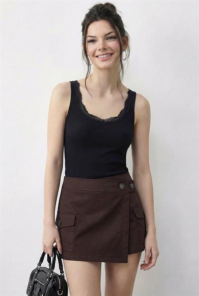 Kadın Pamuklu Slim Fit U Yaka Dantelli Atlet 1053 60286022 - Siyah