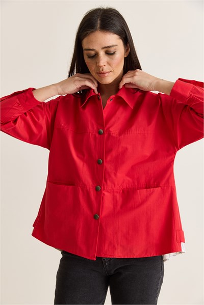 Kadın Paraşüt Kumaş Cep Detaylı Çıtçıtlı Arkası Yırtmaçlı Oversize Gömlek Ceket 7063 60286674 - Kırmızı