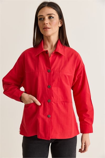Kadın Paraşüt Kumaş Cep Detaylı Çıtçıtlı Arkası Yırtmaçlı Oversize Gömlek Ceket 7063 60286674 - Kırmızı