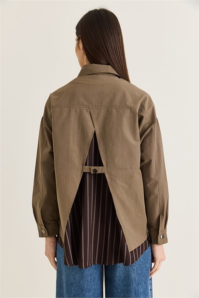 Kadın Paraşüt Kumaş Cep Detaylı Çıtçıtlı Arkası Yırtmaçlı Oversize Gömlek Ceket 7063 60286674 - Haki