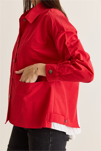 Kadın Paraşüt Kumaş Cep Detaylı Çıtçıtlı Arkası Yırtmaçlı Oversize Gömlek Ceket 7063 60286674 - Kırmızı