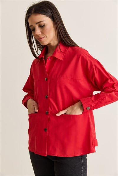 Kadın Paraşüt Kumaş Cep Detaylı Çıtçıtlı Arkası Yırtmaçlı Oversize Gömlek Ceket 7063 60286674 - Kırmızı