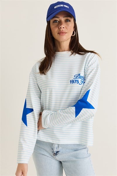 Kadın Paris 1975 Baskılı Yıldız Detaylı Çizgili Bisiklet Yaka Oversize Sweatshirt 927-2 60286670 - Mavi-Beyaz