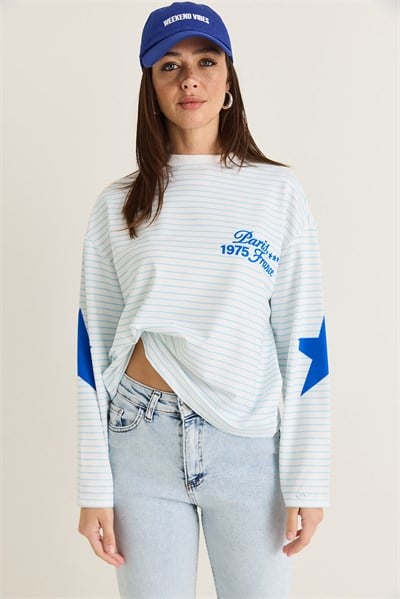 Kadın Paris 1975 Baskılı Yıldız Detaylı Çizgili Bisiklet Yaka Oversize Sweatshirt 927-2 60286670 - Mavi-Beyaz