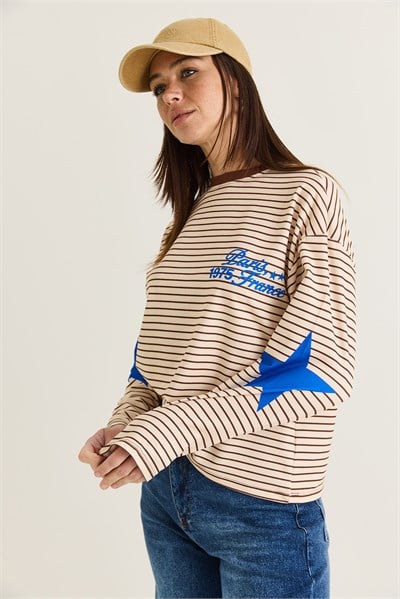 Kadın Paris 1975 Baskılı Yıldız Detaylı Çizgili Bisiklet Yaka Oversize Sweatshirt 927-2 60286670 - Kahverengi-Sarı