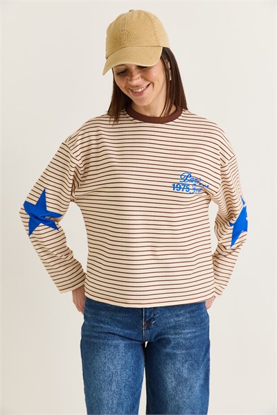 Kadın Paris 1975 Baskılı Yıldız Detaylı Çizgili Bisiklet Yaka Oversize Sweatshirt 927-2 60286670 - Kahverengi-Sarı
