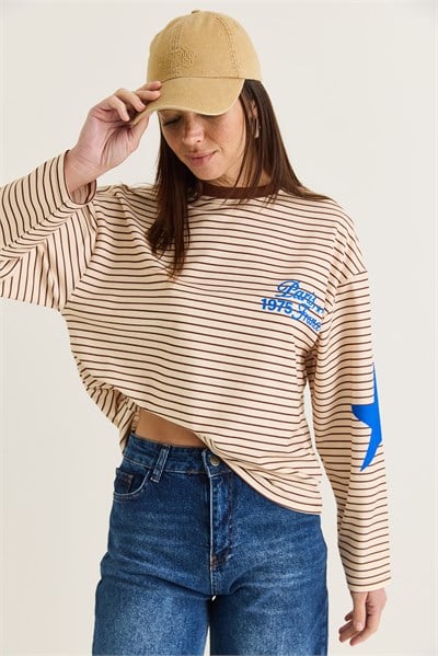 Kadın Paris 1975 Baskılı Yıldız Detaylı Çizgili Bisiklet Yaka Oversize Sweatshirt 927-2 60286670 - Kahverengi-Sarı