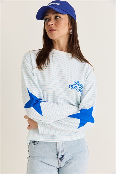 Kadın Paris 1975 Baskılı Yıldız Detaylı Çizgili Bisiklet Yaka Oversize Sweatshirt 927-2 60286670 - Mavi-Beyaz