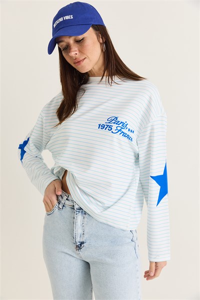 Kadın Paris 1975 Baskılı Yıldız Detaylı Çizgili Bisiklet Yaka Oversize Sweatshirt 927-2 60286670 - Mavi-Beyaz