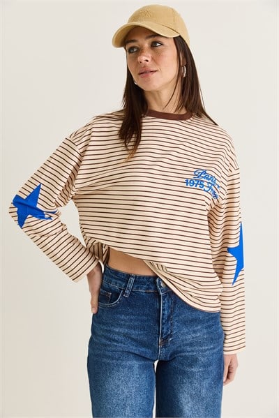 Kadın Paris 1975 Baskılı Yıldız Detaylı Çizgili Bisiklet Yaka Oversize Sweatshirt 927-2 60286670 - Kahverengi-Sarı