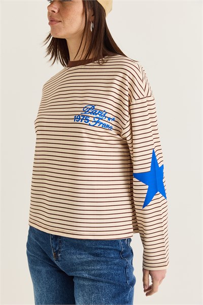 Kadın Paris 1975 Baskılı Yıldız Detaylı Çizgili Bisiklet Yaka Oversize Sweatshirt 927-2 60286670 - Kahverengi-Sarı