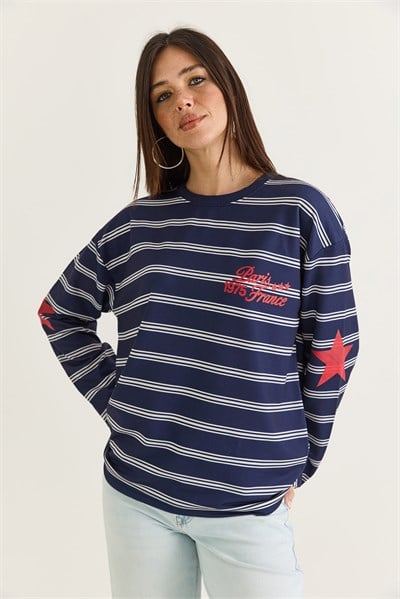 Kadın Paris Baskılı Çizgili Bisiklet Yaka Oversize Sweatshirt 2385 60286650 - Lacivert