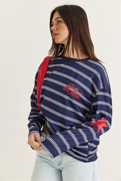 Kadın Paris Baskılı Çizgili Bisiklet Yaka Oversize Sweatshirt 2385 60286650 - Lacivert