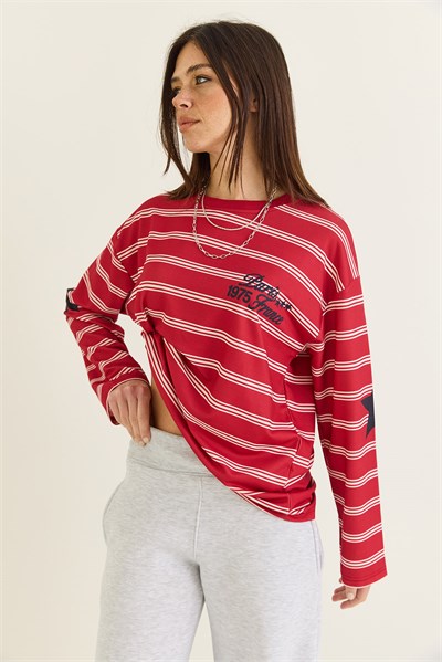 Kadın Paris Baskılı Çizgili Bisiklet Yaka Oversize Sweatshirt 2385 60286650 - Kırmızı