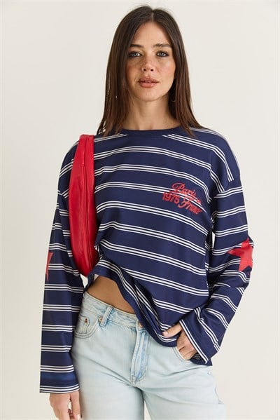 Kadın Paris Baskılı Çizgili Bisiklet Yaka Oversize Sweatshirt 2385 60286650 - Lacivert