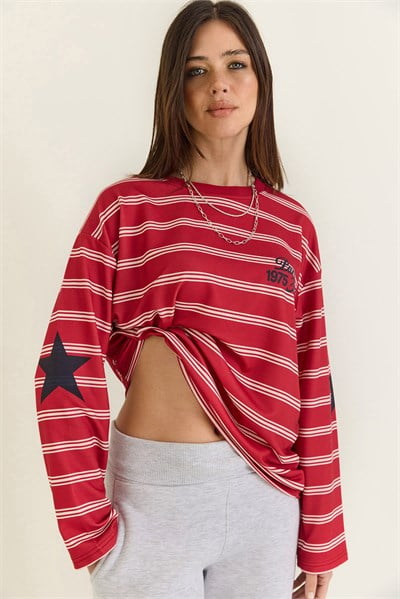 Kadın Paris Baskılı Çizgili Bisiklet Yaka Oversize Sweatshirt 2385 60286650 - Kırmızı