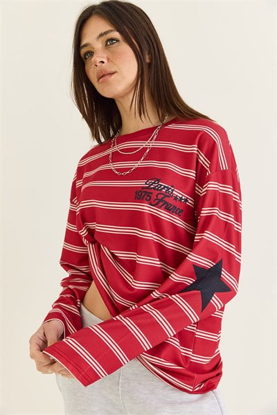 Kadın Paris Baskılı Çizgili Bisiklet Yaka Oversize Sweatshirt 2385 60286650 - Kırmızı