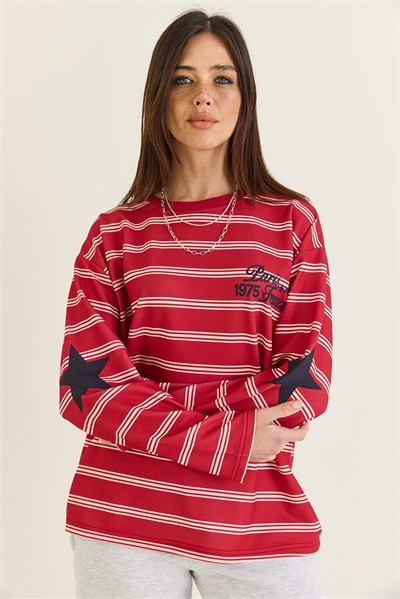 Kadın Paris Baskılı Çizgili Bisiklet Yaka Oversize Sweatshirt 2385 60286650 - Kırmızı