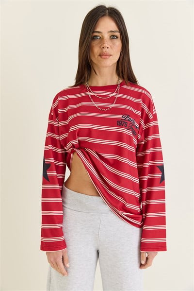 Kadın Paris Baskılı Çizgili Bisiklet Yaka Oversize Sweatshirt 2385 60286650 - Kırmızı