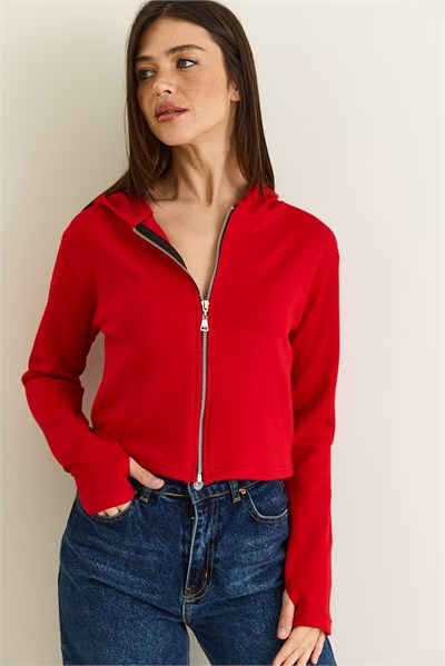 Kadın Parmak Geçmeli Kapüşonlu Fermuarlı Modal Hırka 6202 60286521 - Kırmızı