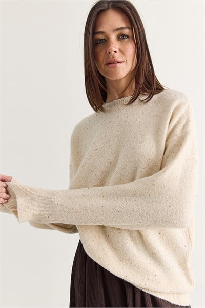Kadın Payet Detaylı Bisiklet Yaka Oversize Triko Kazak 5543 60286704 - Bej