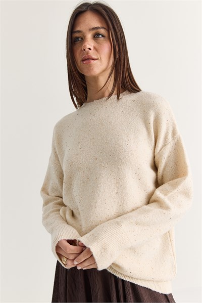 Kadın Payet Detaylı Bisiklet Yaka Oversize Triko Kazak 5543 60286704 - Bej
