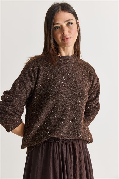 Kadın Payet Detaylı Bisiklet Yaka Oversize Triko Kazak 5543 60286704 - Acı Kahve