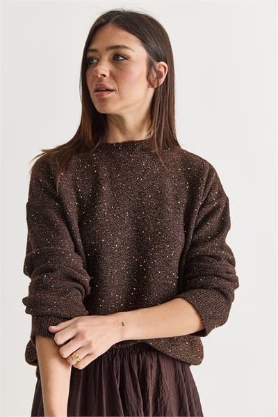 Kadın Payet Detaylı Bisiklet Yaka Oversize Triko Kazak 5543 60286704 - Acı Kahve