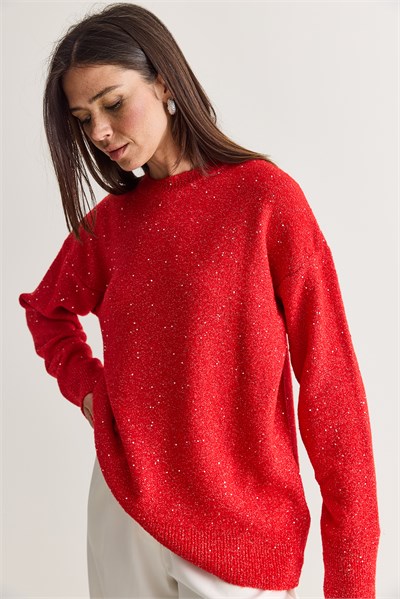 Kadın Payet Detaylı Bisiklet Yaka Oversize Triko Kazak 5543 60286704 - Kırmızı