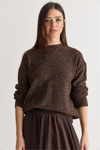 Kadın Payet Detaylı Bisiklet Yaka Oversize Triko Kazak 5543 60286704 - Acı Kahve
