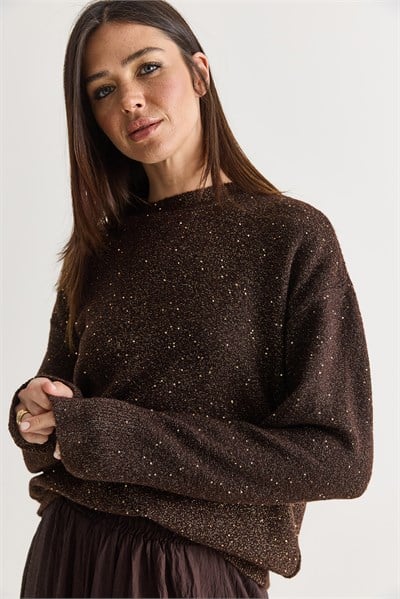 Kadın Payet Detaylı Bisiklet Yaka Oversize Triko Kazak 5543 60286704 - Acı Kahve