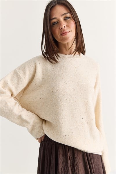Kadın Payet Detaylı Bisiklet Yaka Oversize Triko Kazak 5543 60286704 - Bej