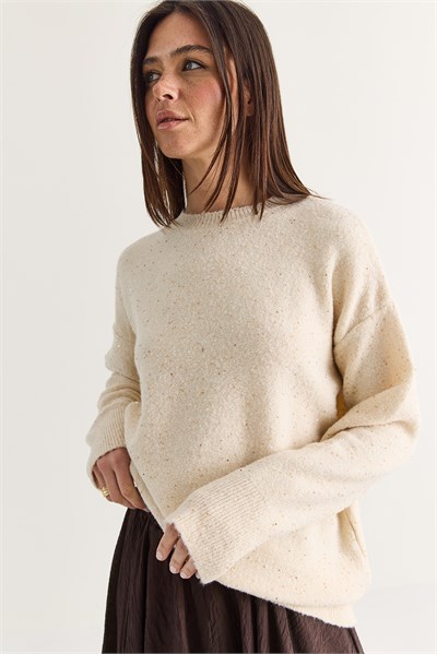 Kadın Payet Detaylı Bisiklet Yaka Oversize Triko Kazak 5543 60286704 - Bej