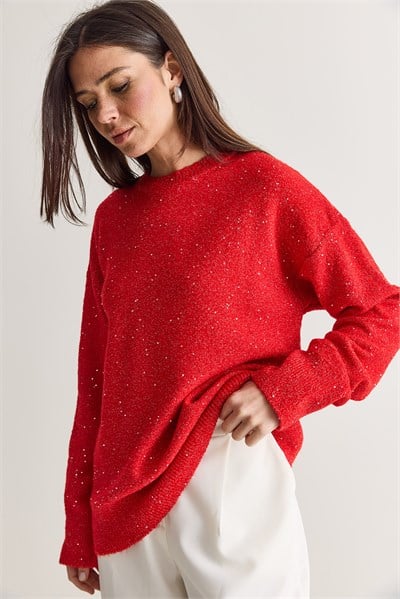 Kadın Payet Detaylı Bisiklet Yaka Oversize Triko Kazak 5543 60286704 - Kırmızı