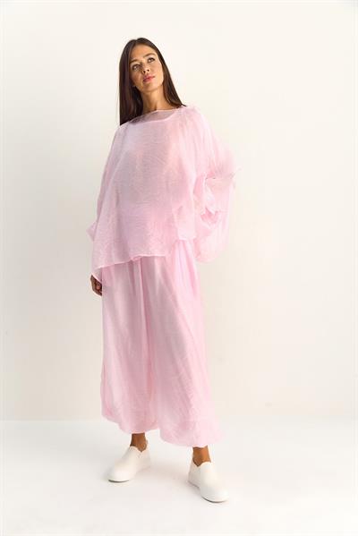 Kadın Pelerin Detaylı Transparan Bluz Astarlı Şalvar Pantolon Alt-Üst Takım 9421 60286149 - Toz Pembe