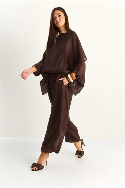 Kadın Pelerin Detaylı Transparan Bluz Astarlı Şalvar Pantolon Alt-Üst Takım 9421 60286149 - Acı Kahve