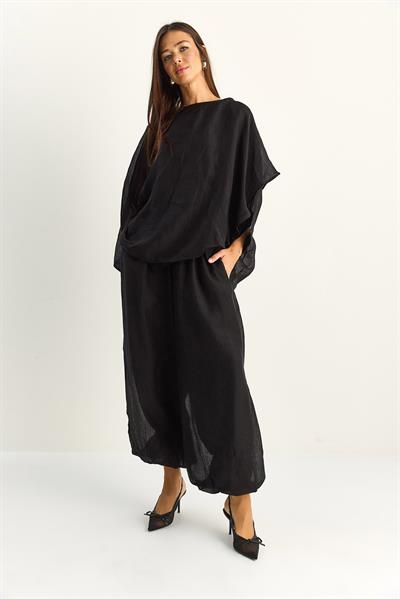 Kadın Pelerin Detaylı Transparan Bluz Astarlı Şalvar Pantolon Alt-Üst Takım 9421 60286149 - Siyah