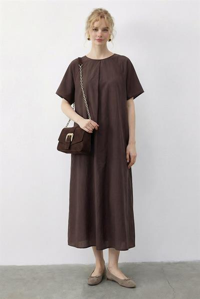 Kadın Pile Detaylı Cepli Rahat Kalıp Midi Elbise 8738 60283957 - Cappuccino