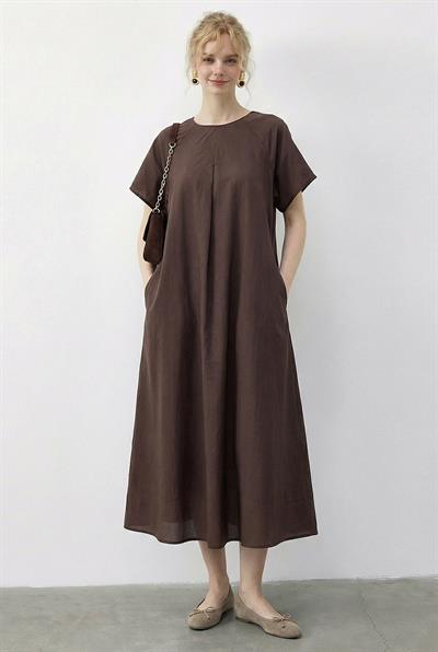 Kadın Pile Detaylı Cepli Rahat Kalıp Midi Elbise 8738 60283957 - Cappuccino