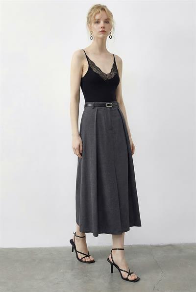 Kadın Pile Detaylı Kemerli Yırtmaçlı Midi Boy Etek 7224 60286019 - Antrasit