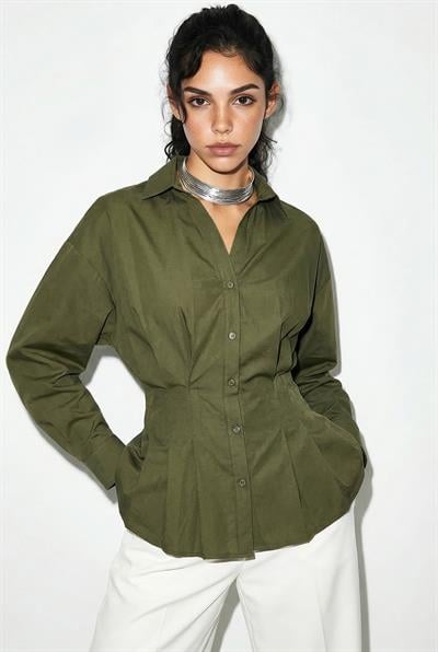 Kadın Pileli Belden Oturtmalı Poplin Gömlek 343 60286048 - Yeşil