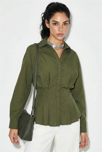 Kadın Pileli Belden Oturtmalı Poplin Gömlek 343 60286048 - Yeşil