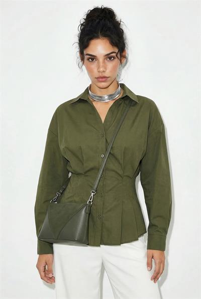 Kadın Pileli Belden Oturtmalı Poplin Gömlek 343 60286048 - Yeşil