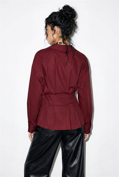 Kadın Pileli Belden Oturtmalı Poplin Gömlek 343 60286048 - Bordo