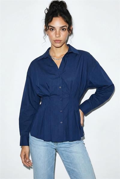 Kadın Pileli Belden Oturtmalı Poplin Gömlek 343 60286048 - Lacivert