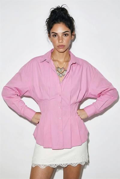 Kadın Pileli Belden Oturtmalı Poplin Gömlek 343 60286048 - Pembe